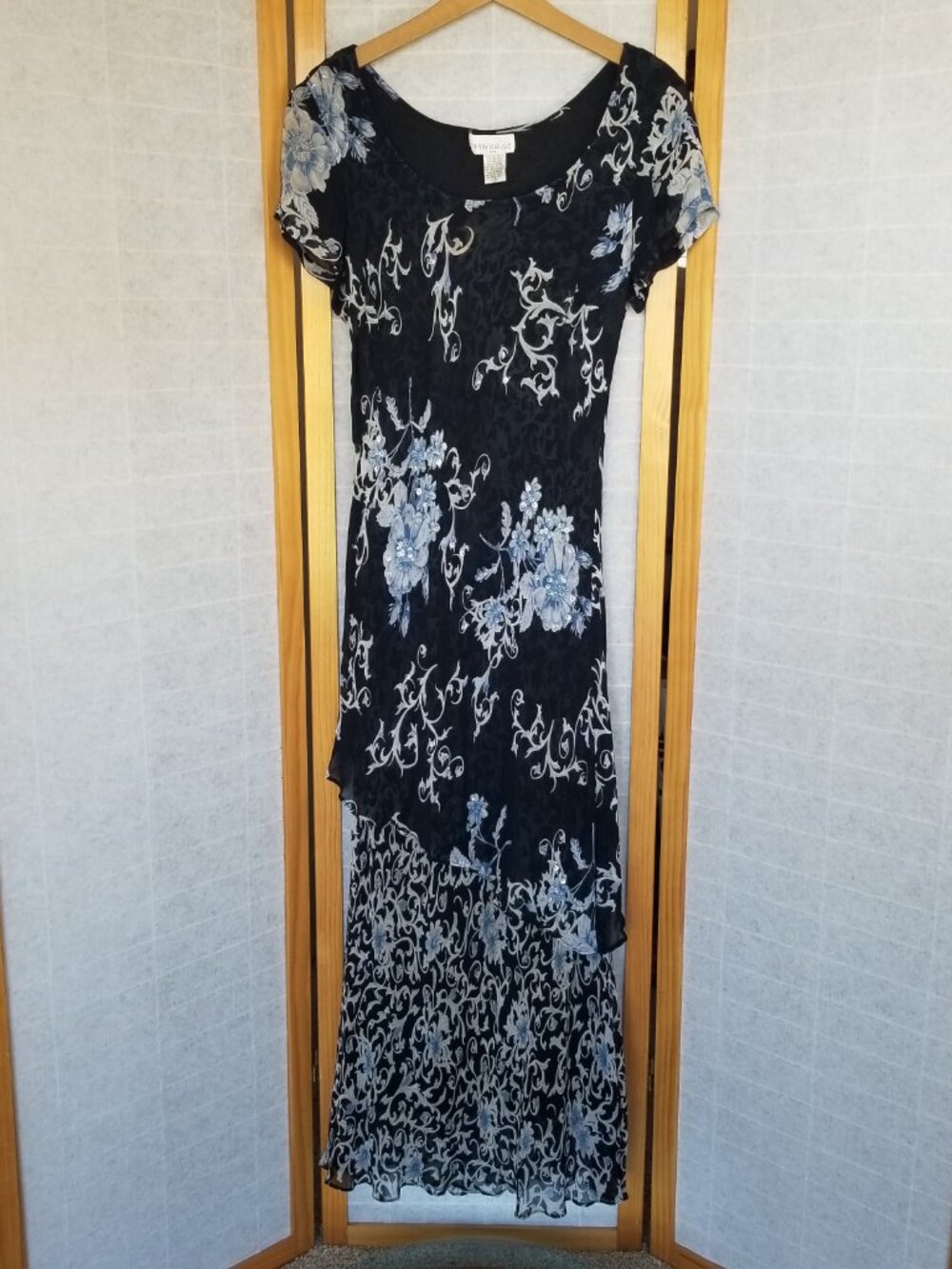 Vintage Chiffon Maxi Dress Layered Sheer Black Floral Gown Sequins Y2K Size 10